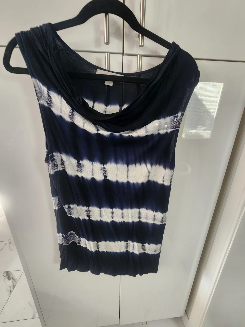 Laura Ashley Navy and White Tie-Dye Cowl Neck Tank Sequin Stripes